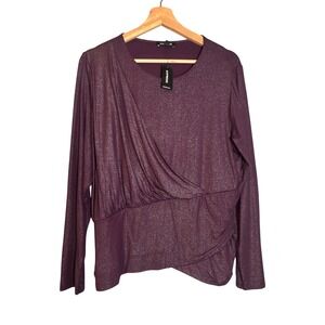 NWT Express Plum Purple Shimmer Metallic Surplice Faux Wrap Long Sleeve Top XL